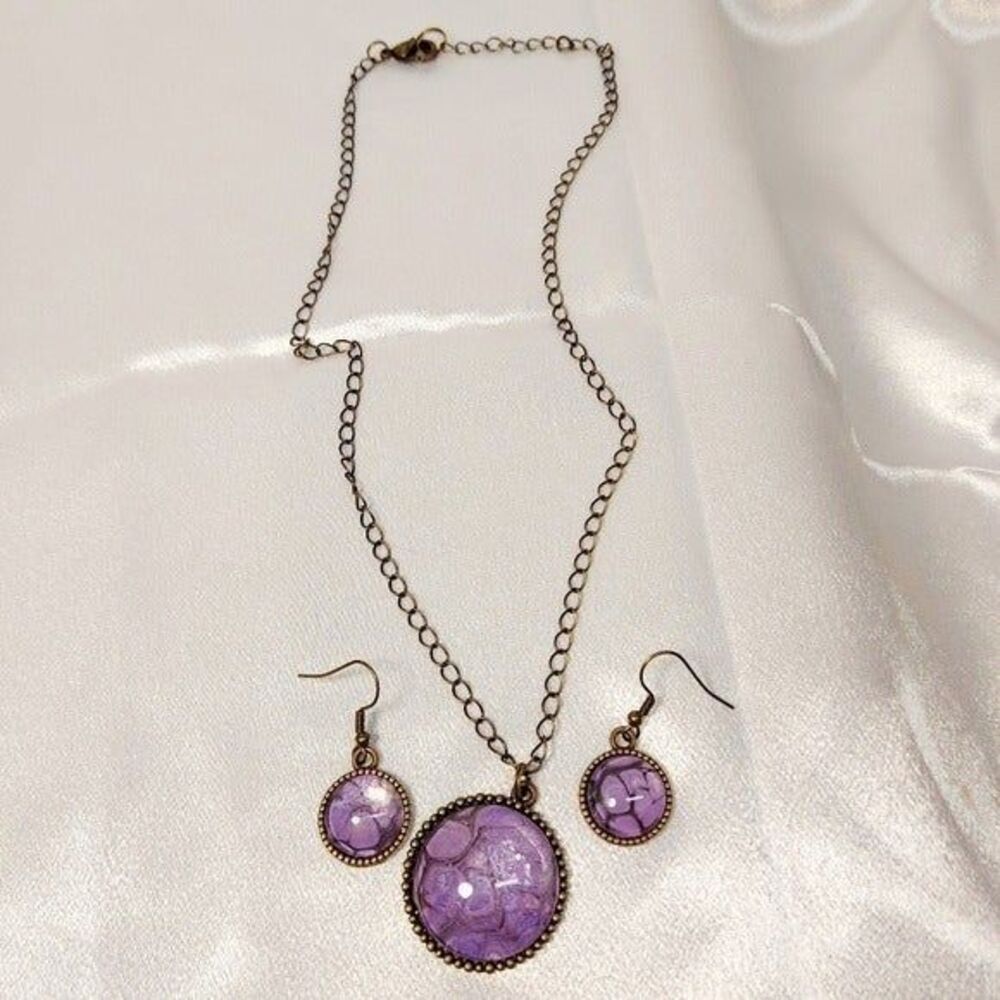 * neckalace & earings marbled purple set gold tone metal - Picture 4 of 8